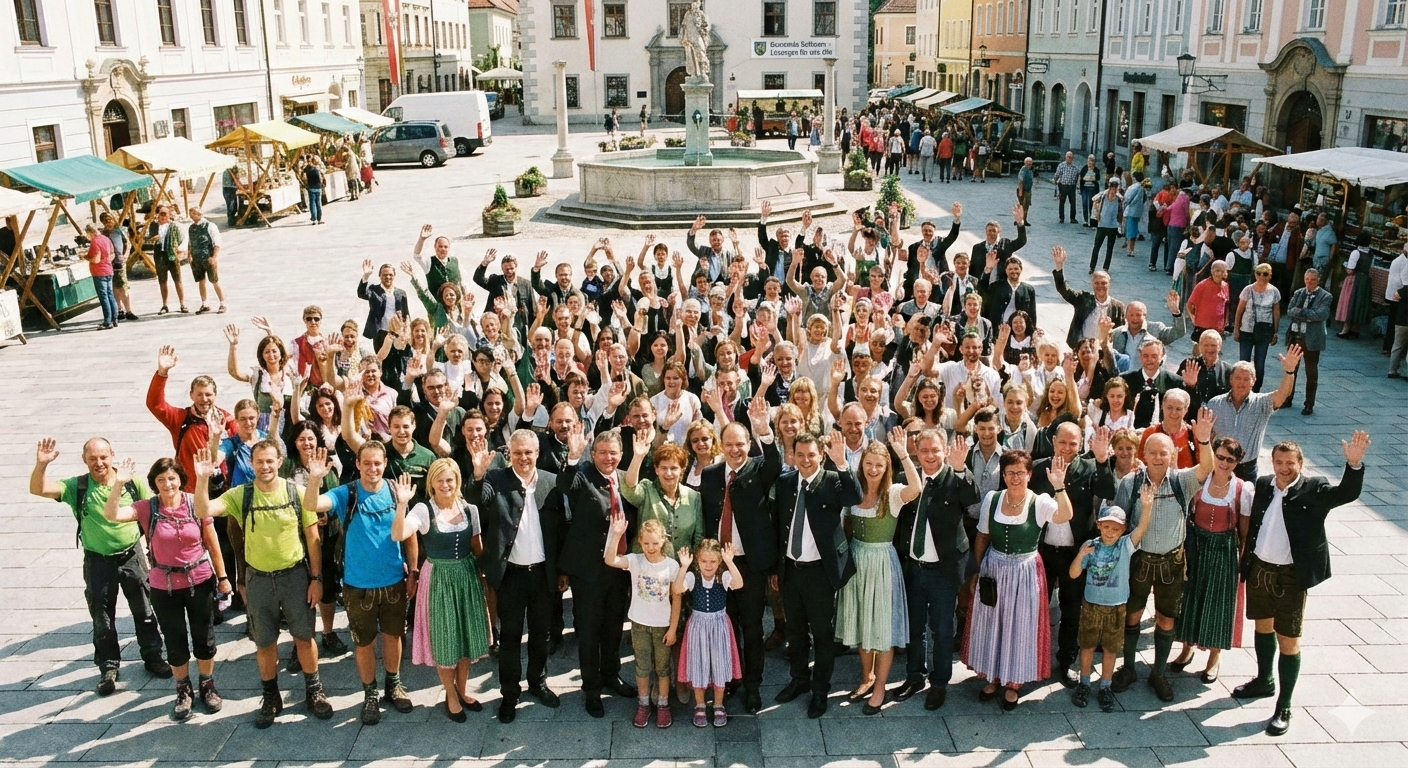 Eine größere Gruppe von Personen auf einem Hauptplatz.